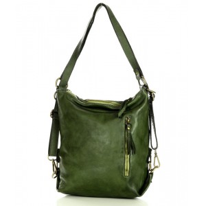 K31v Sac à dos bandoulière 2 en 1 vert cuir femme. Fait-main sac à dos urbain quotidien vintage cuir 