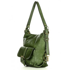 K31v Sac à dos bandoulière 2 en 1 vert cuir femme. Fait-main sac à dos urbain quotidien vintage cuir 
