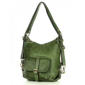 K31v Sac à dos bandoulière 2 en 1 vert cuir femme. Fait-main sac à dos urbain quotidien vintage cuir 