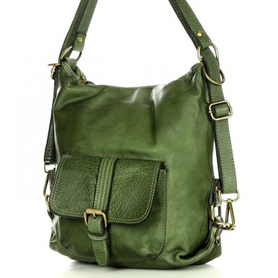 K31v Sac à dos bandoulière 2 en 1 vert cuir femme. Fait-main sac à dos urbain quotidien vintage cuir 