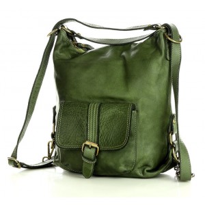 K31v Sac à dos bandoulière 2 en 1 vert cuir femme. Fait-main sac à dos urbain quotidien vintage cuir 